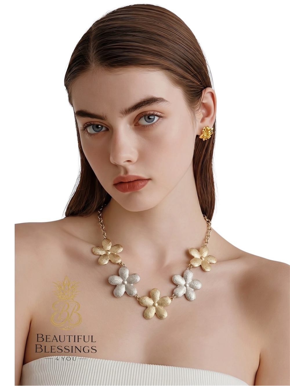 Gold Silver Floral Necklace Statement Flower Two Tone Spring Elegant Jewelry
